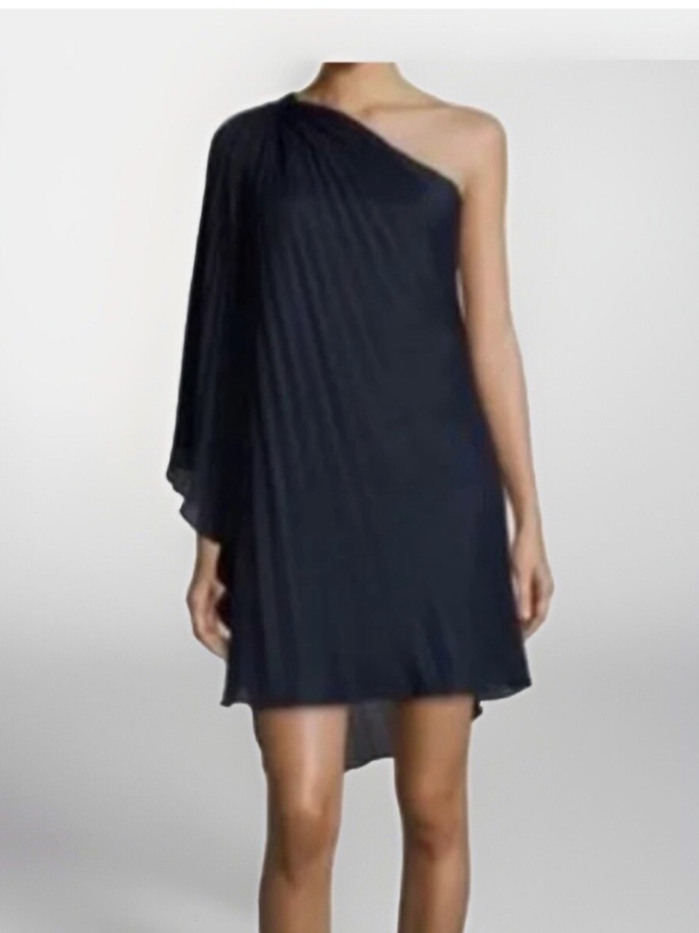 Halston Heritage One-Shoulder Cape Mini Pleated Dark Navy Cocktail Dress Sx XS
